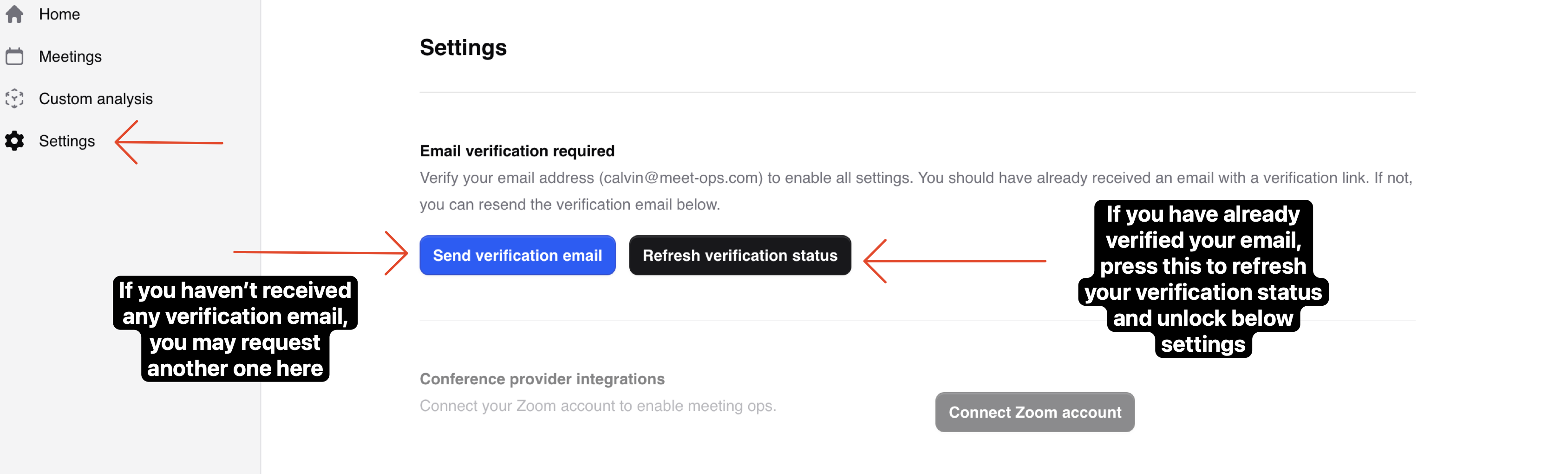 Settings page with email verification